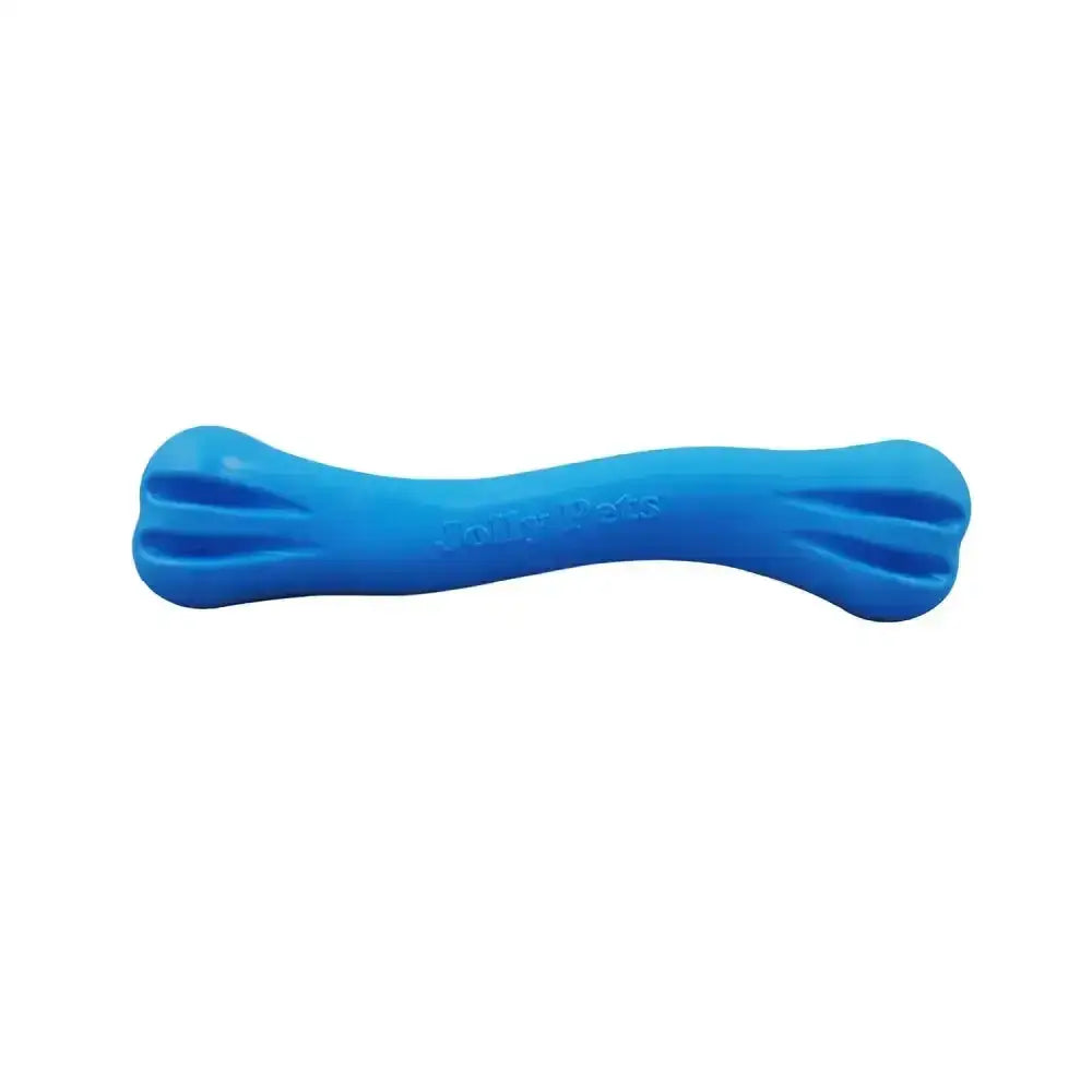 Bright blue jolly bone blue dog toy made of durable rubber with textured grooves by jolly pets flex-n-chew