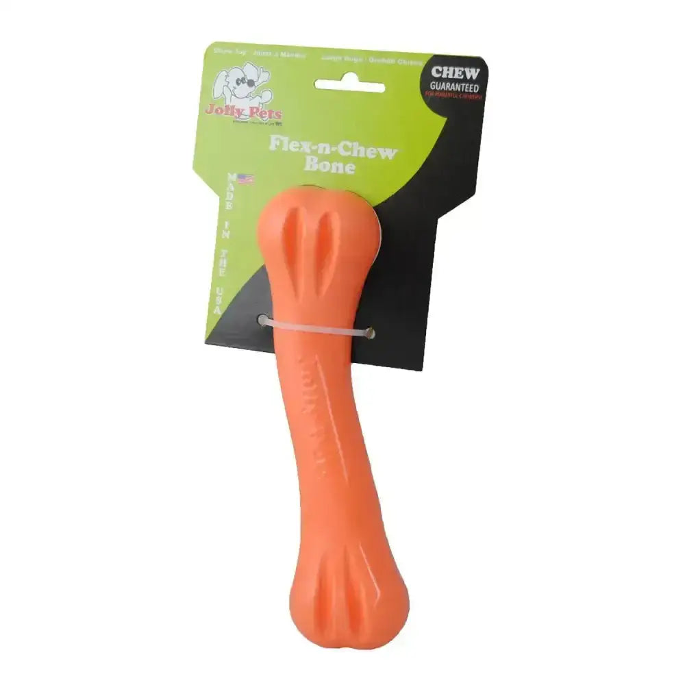 Orange plastic flex-n-chew jolly bone dog toy by jolly pets designed for durable chewing fun