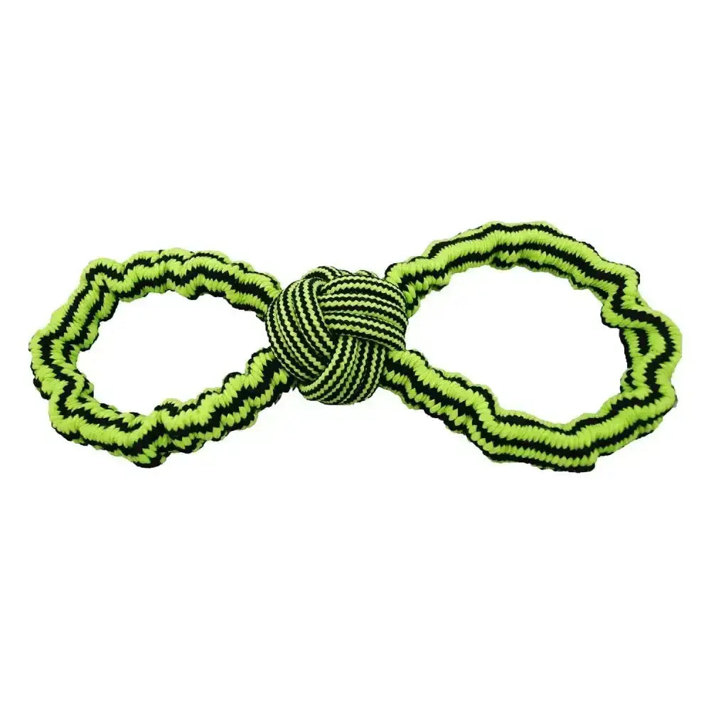 Bright neon green and black striped infinity shaped rope dog toy by jolly pets gentle tug rope toy for gentle tugging