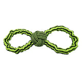 Bright neon green and black striped infinity shaped rope dog toy by jolly pets gentle tug rope toy for gentle tugging
