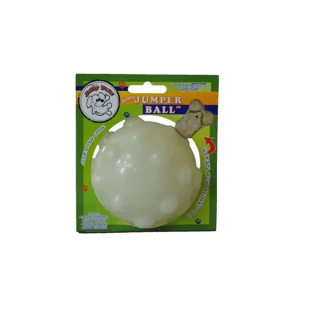 A translucent white textured rubber dog toy ball with bone-shaped handle from jolly pets jolly jumper glow with interesting shape