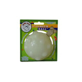 A translucent white textured rubber dog toy ball with bone-shaped handle from jolly pets jolly jumper glow with interesting shape