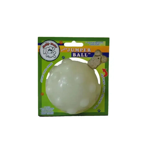 A translucent white textured rubber dog toy ball with bone-shaped handle from jolly pets jolly jumper glow with interesting shape