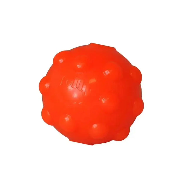 Bright orange textured rubber ball with raised bumps and embossed logo from jolly pets jolly jumper orange with interesting shape