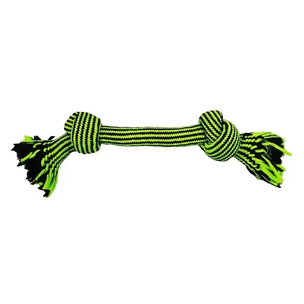 Jolly pets knot-n-chew traditional braided rope dog toy in bright neon green and black to withstand rough playtime
