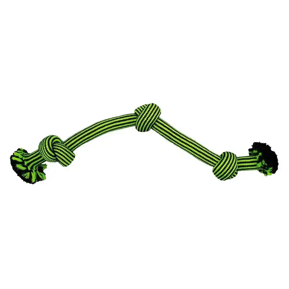 Bright green and black striped traditional braided rope dog toy from jolly pets knot-n-chew built to withstand rough playtime