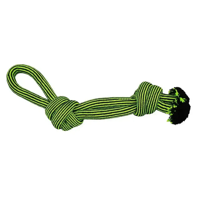Bright green and black striped jolly pets knot-n-chew looped rope dog toy with knotted handle and frayed chew end designed to withstand rough playtime