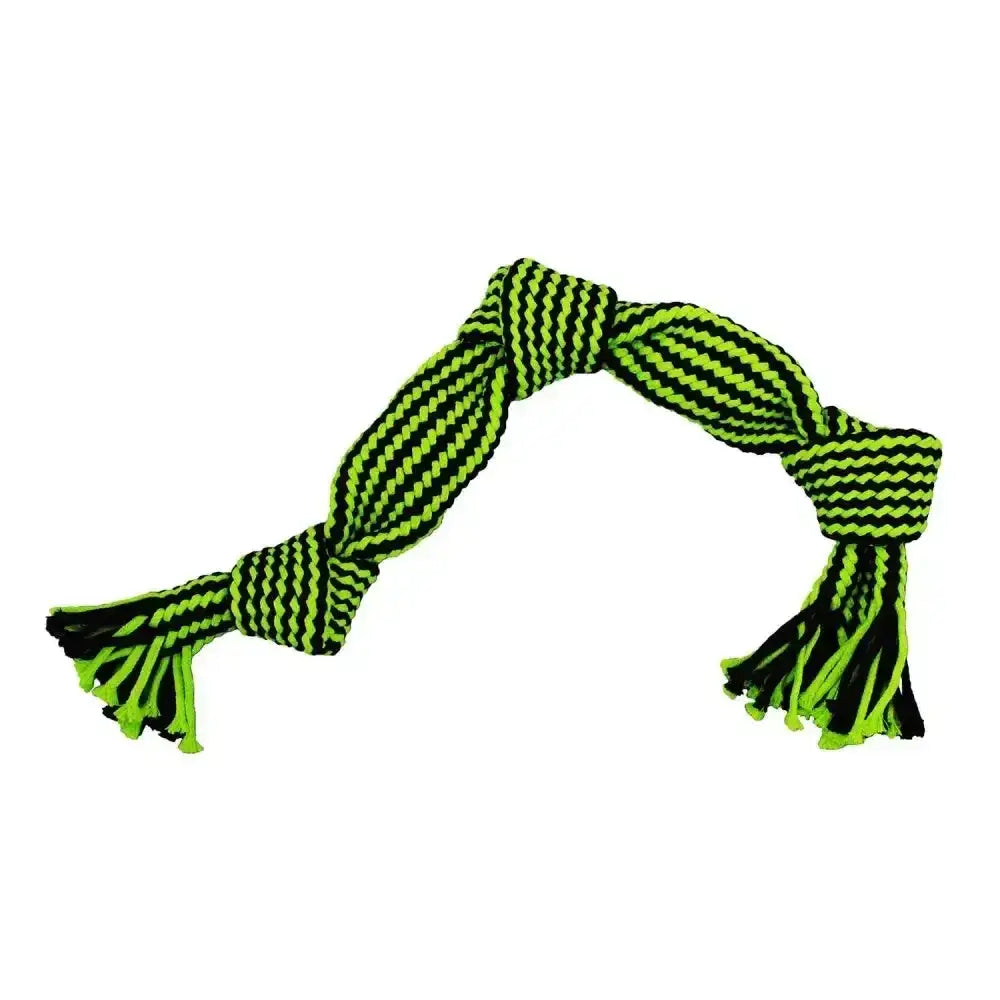 Bright green and black striped jolly pets knot-n-chew squeaker rope toy with frayed ends to withstand rough playtime