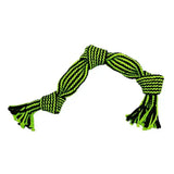 Bright green and black striped jolly pets knot-n-chew squeaker rope toy with frayed ends to withstand rough playtime