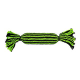 Bright green and black braided jolly pets knot-n-chew tube squeaker rope dog toy with frayed ends for chewing fun