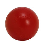 Red glossy rubber dog toy ball with embossed branding for jolly pets push-n-play red baddest dog ball fun play