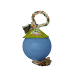 Blue jolly pets romp-n-roll blueberry dog toy ball with braided rope handle and tassel for playful pets