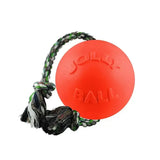 Bright orange jolly pets romp-n-roll dog toy with braided green black and white rope handle for fetch play