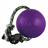Purple rubber dog toy ball with braided green white and black rope handle jolly pets romp-n-roll purple