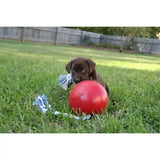 Red rubber dog toy with blue and white rope tassels for chewing and tugging from jolly pets romp-n-roll red