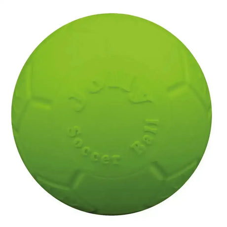 Bright lime green rubber jolly pets jolly soccer ball apple with yogurt ball text and textured surface dog toy ball