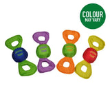 Colorful plush dog toy jolly pets jolly tug with a central ball and two looped handles for tugging fun