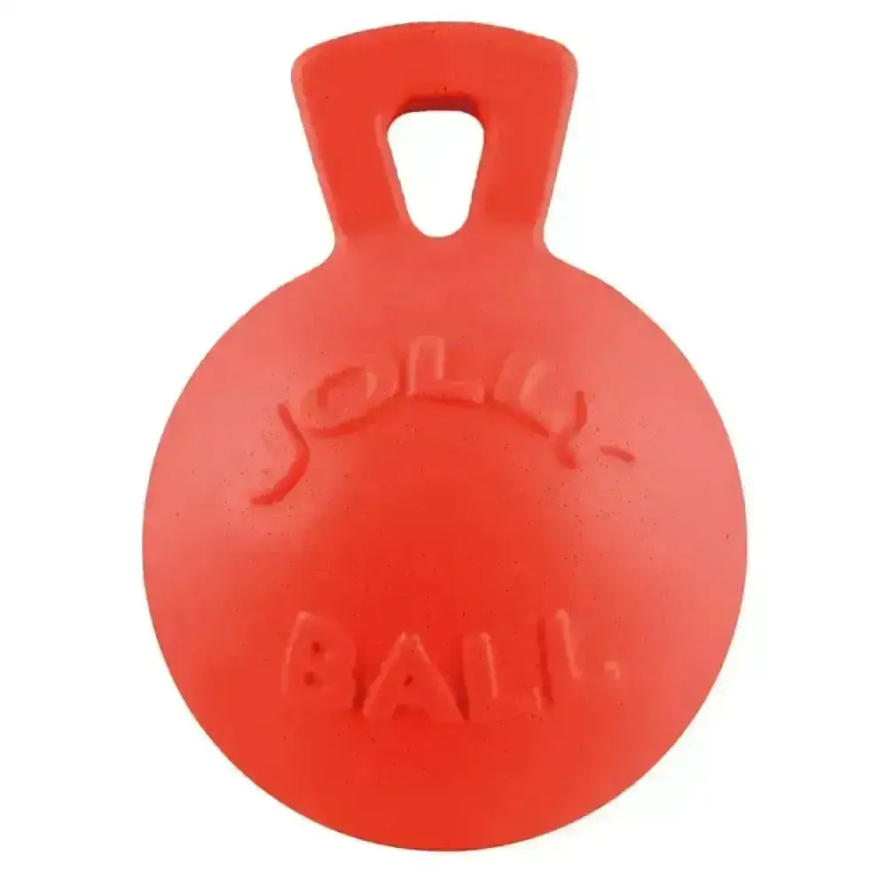 Bright red rubbery jolly pets tug-n-toss dog ball toy with handle and embossed branding great interactive toy