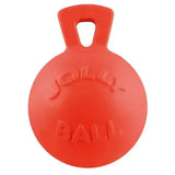 Bright red rubbery jolly pets tug-n-toss dog ball toy with handle and embossed branding great interactive toy