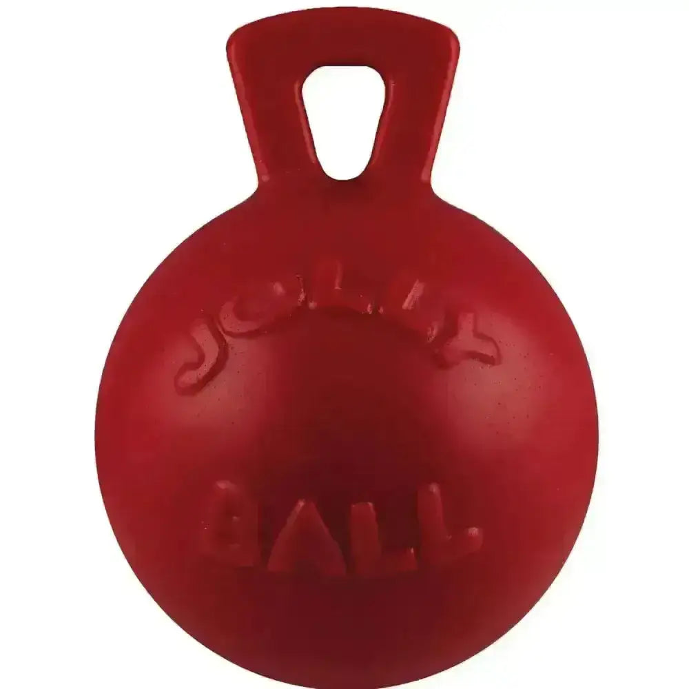 Red jolly ball toy with a rounded rubbery texture and handle great interactive pets tug-n-toss toy by jolly pets