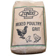 A beige paper sack of jondo mixed poultry grit 25 kg with black green label and chicken illustrations