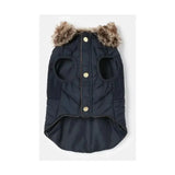 Navy blue quilted joules cherington dog coat with faux fur trim and gold-tone buttons for stylish dog apparel