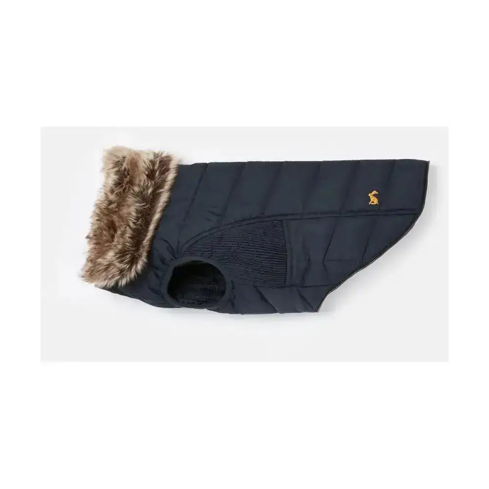 Navy blue quilted cherington dog coat with brown faux fur collar and gold logo from joules dog apparel