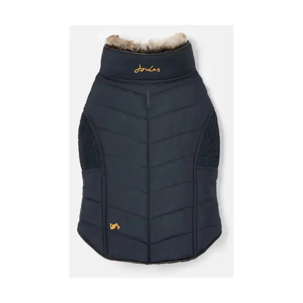 Navy blue quilted joules cherington dog vest with faux fur trim and gold embroidery dog apparel