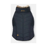 Navy blue quilted joules cherington dog vest with faux fur trim and gold embroidery dog apparel