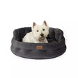 Dark grey plush joules chesterfield pet bed with soft quilted texture and leather tag perfect for sleeping dogs lie