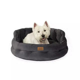 Dark grey plush joules chesterfield pet bed with soft quilted texture and leather tag perfect for sleeping dogs lie
