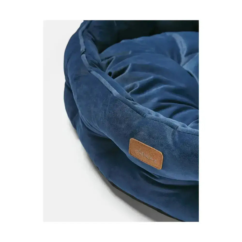 Deep blue velvet joules chesterfield pet bed with soft plush interior and brown leather brand tag for sleeping dogs lie