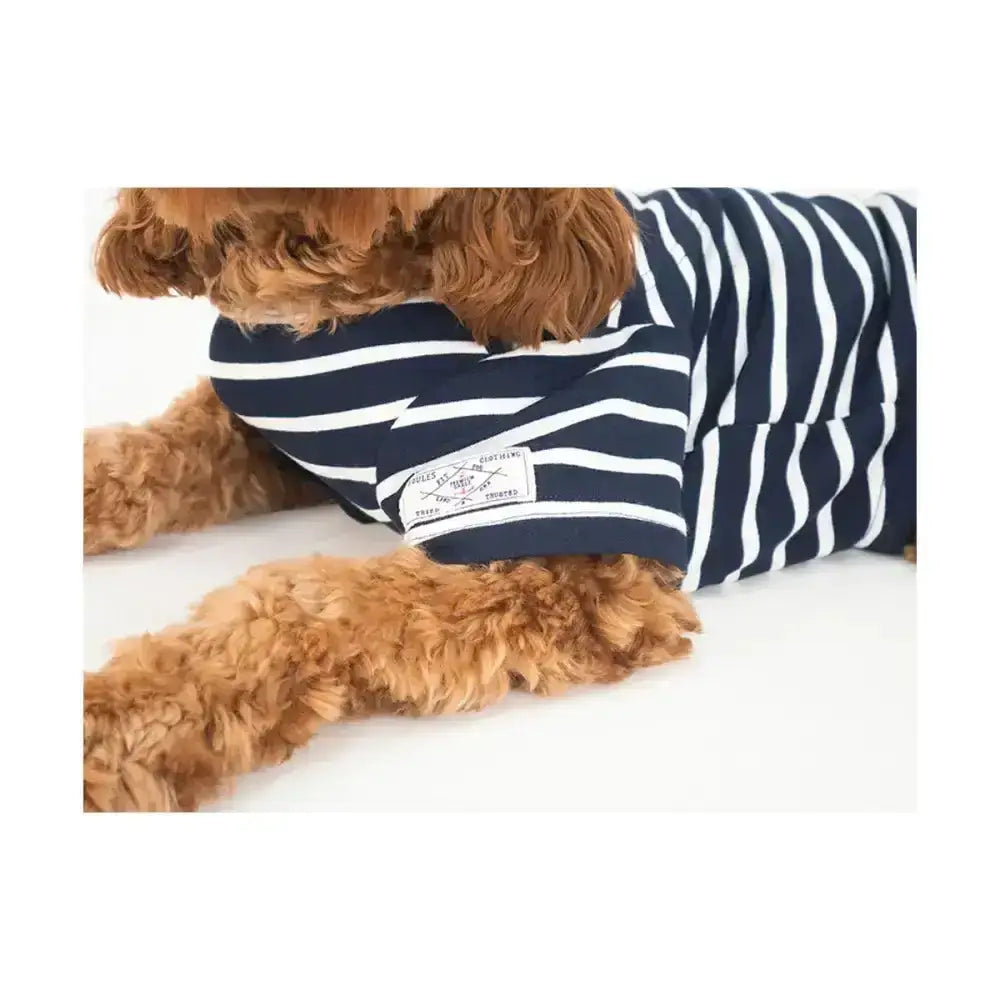 Navy blue and white striped joules harbour dog coat with embroidered chest patch, perfect favourite joules harbour top