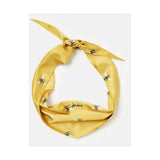 Yellow silk joules neckerchief with black and white gold bee print and joules embroidered in cursive script