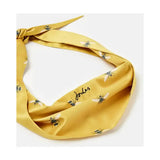 Yellow silk joules neckerchief with gold bee print and joules embroidered in cursive perfect as a bee print dog neckerchief