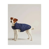 Navy blue joules quilted dog coat with diamond quilted padded design and small embroidered logo on the back