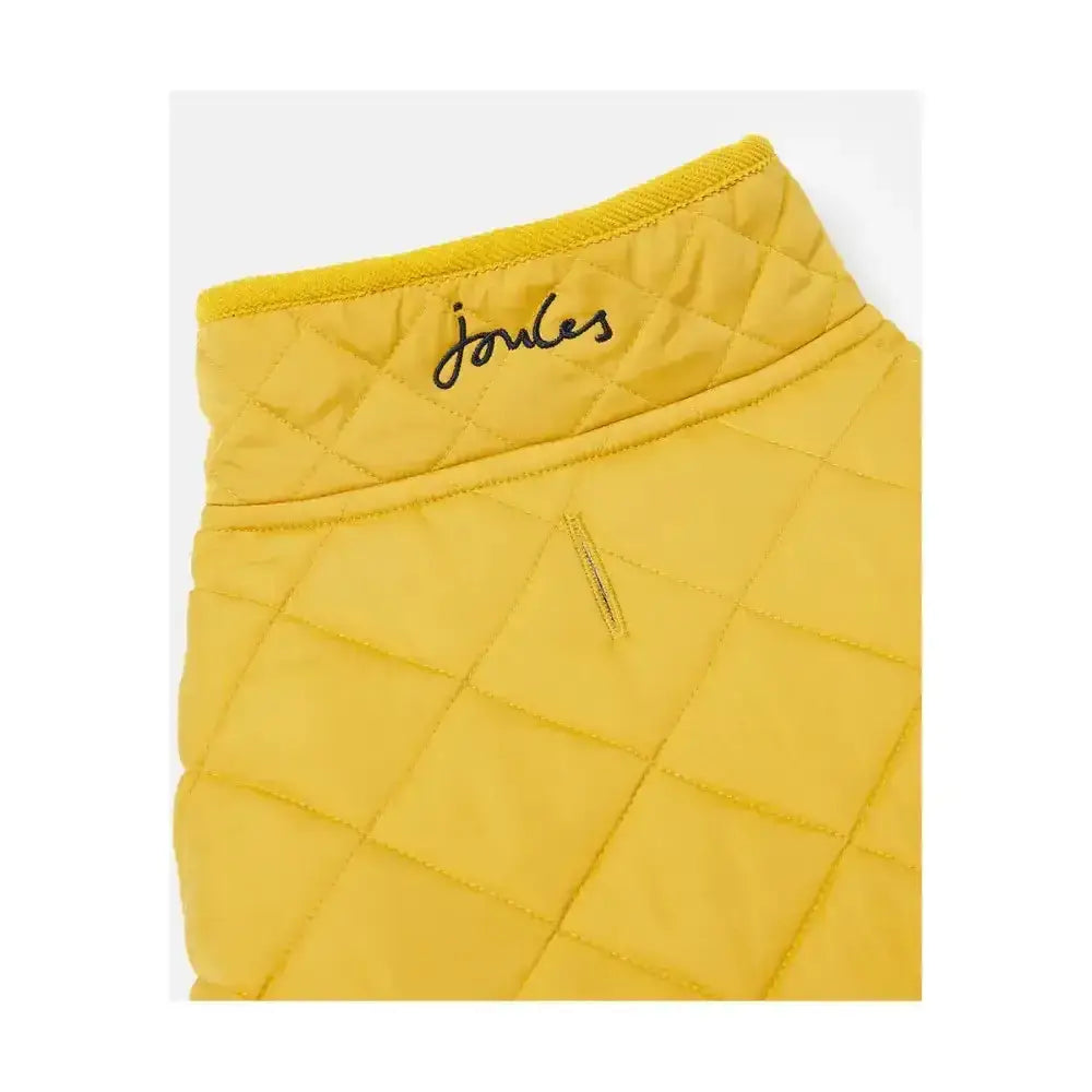 Bright yellow joules quilted dog coat with diamond quilted padded design and subtle joules logo on the collar