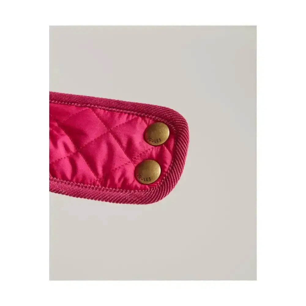Fuchsia joules quilted dog coat strap with gold-tone buttons and corduroy trim in diamond quilted padded fabric