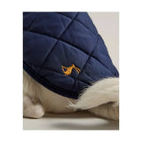 Navy blue joules quilted dog coat with gold embroidered rabbit logo featuring diamond quilted padded design
