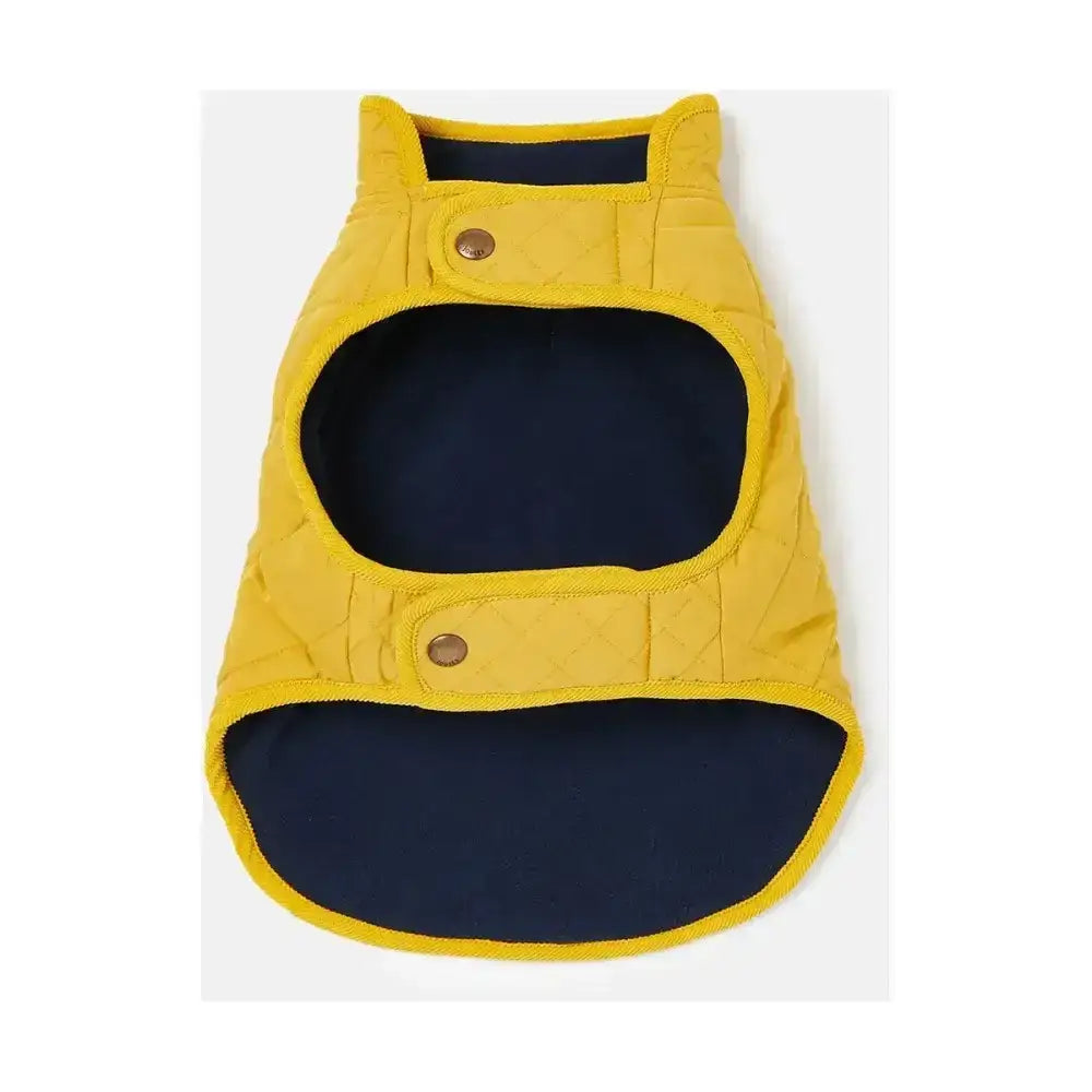 Yellow joules quilted dog vest with diamond quilted padded design navy lining and brass buttons