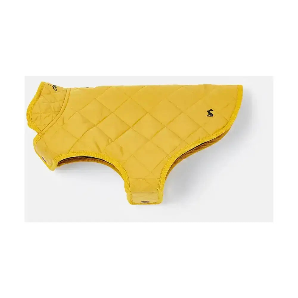 Yellow joules quilted dog coat with diamond quilted padded design and black embroidered logo on the back side