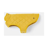 Yellow joules quilted dog coat with diamond quilted padded design and black embroidered logo on the back side