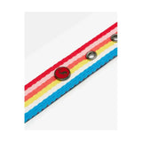 Joules rainbow stripe dog collar with rainbow-striped canvas, metallic grommets, and a red circular buckle, a striking dog collar