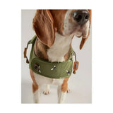 Olive green joules raincoat dog harness with embroidered bees and brown leather accents in lightweight dog apparel