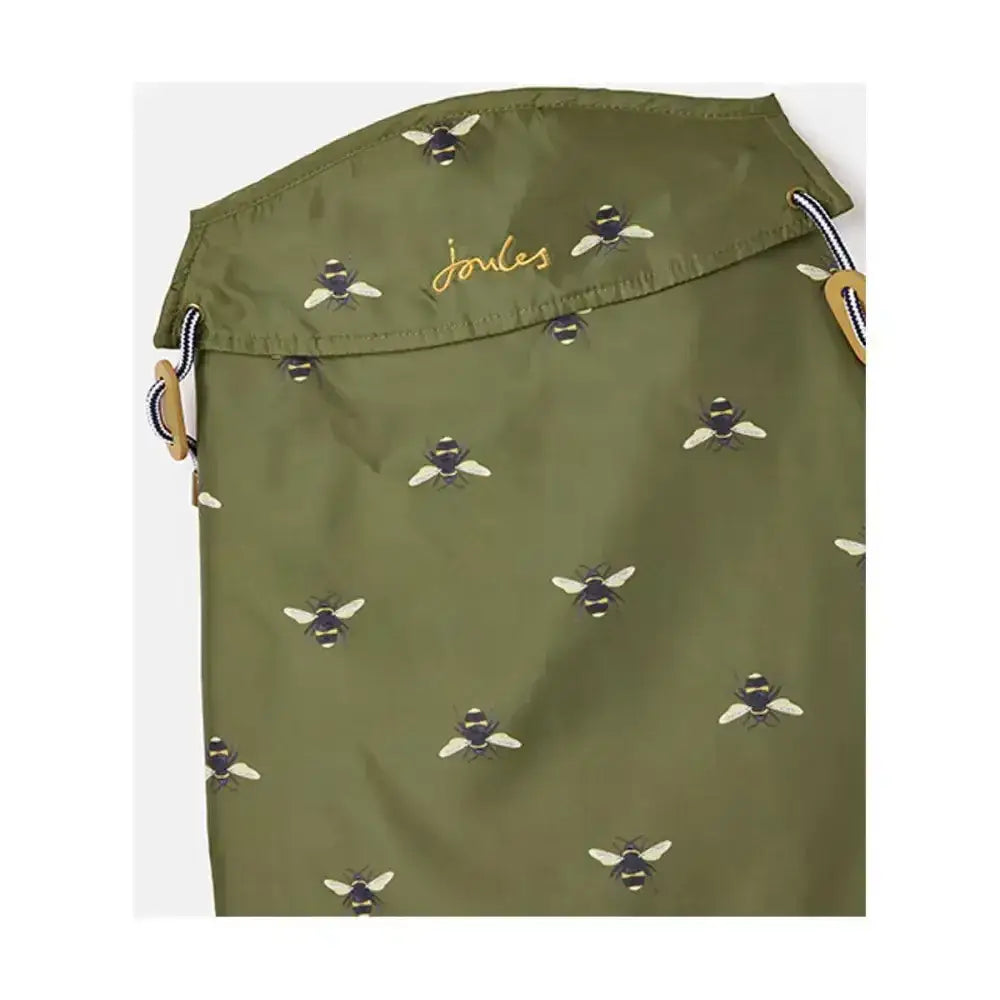 Olive green drawstring bag with embroidered black and white bees and gold joules logo for joules raincoat dog apparel