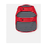 Red and navy blue striped joules raincoat dog vest with glossy red outer shell lightweight dog coat and dog apparel