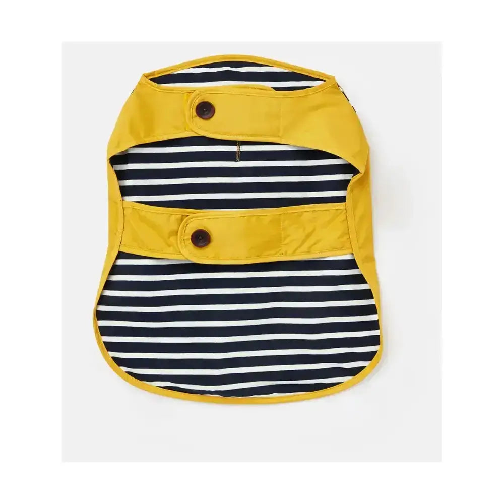 Yellow and navy blue striped joules raincoat with brown buttons lightweight dog coat for stylish dog apparel