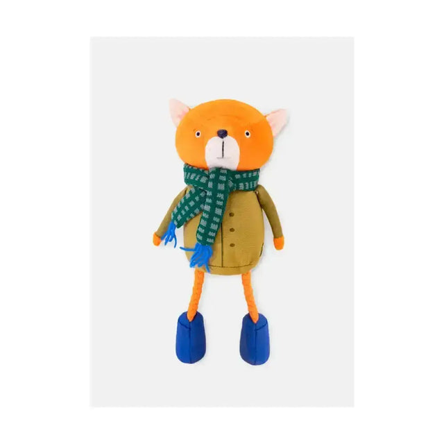 Orange fox plush toy in blue boots and green plaid scarf perfect joules rope legs dog toy for your four-legged friend