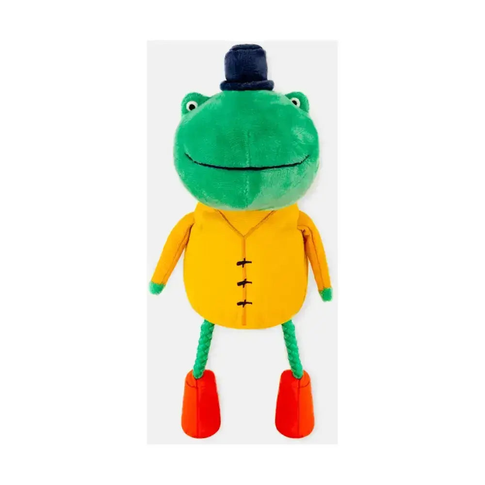 Green plush joules rope legs frog toy in navy hat yellow jacket and orange shoes for your four-legged friend