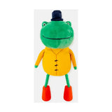 Green plush joules rope legs frog toy in navy hat yellow jacket and orange shoes for your four-legged friend